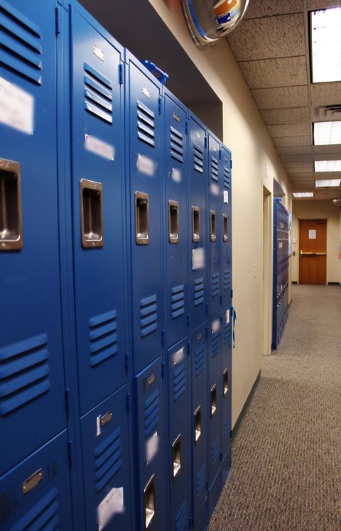 Blue lockers line the wall at a special education school