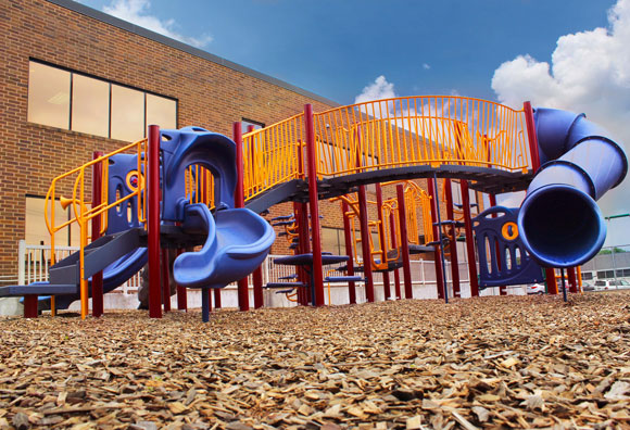 Playground equipment waits for students to come play in Harrisburg, PA